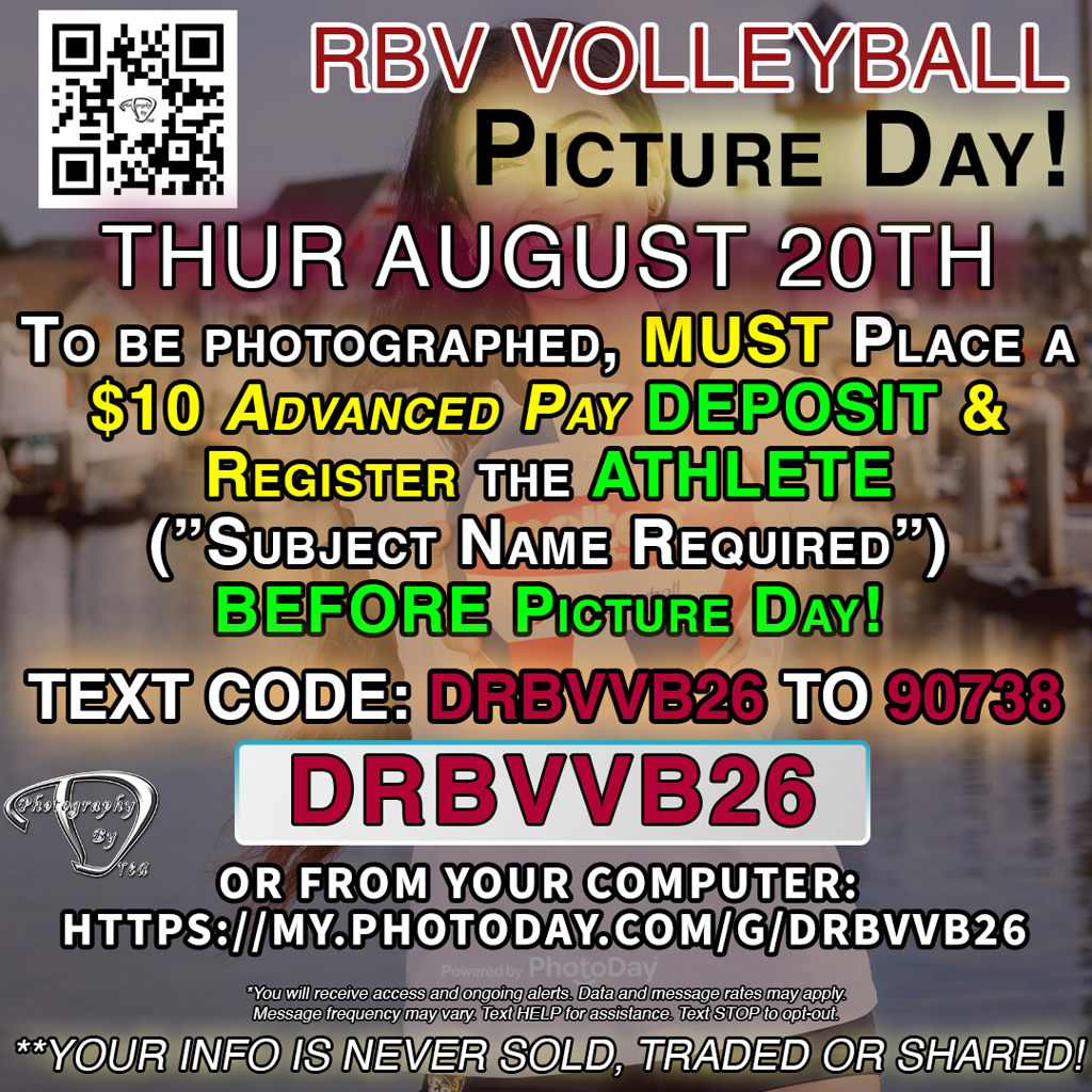 RBV Volleyball Picture Day flyer — Rancho Buena Vista High, August 20th, access code DRBVVB26